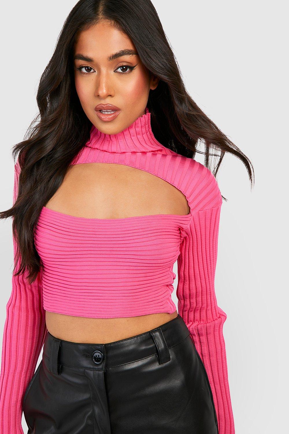 Petite Two Tone Knit Cut Out High Neck Top